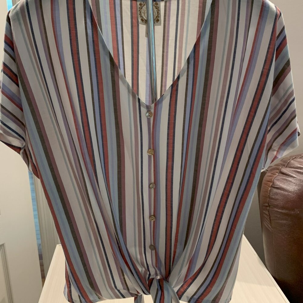Truself Striped Tie Front Button Down Top